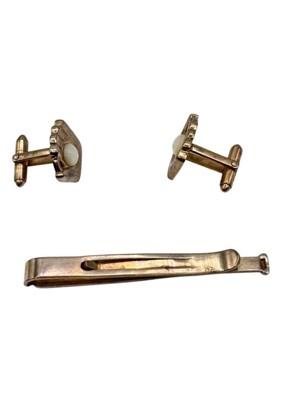 Baseball Motif Cuff Links Tie Clip MOP Baseball in Mitt Gold Tone Vintage 1950s - Picture 5 of 9